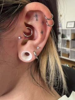 Curated ear stack with cartilage hoops and a healed lobe stretch — Skin Lab piercing work.